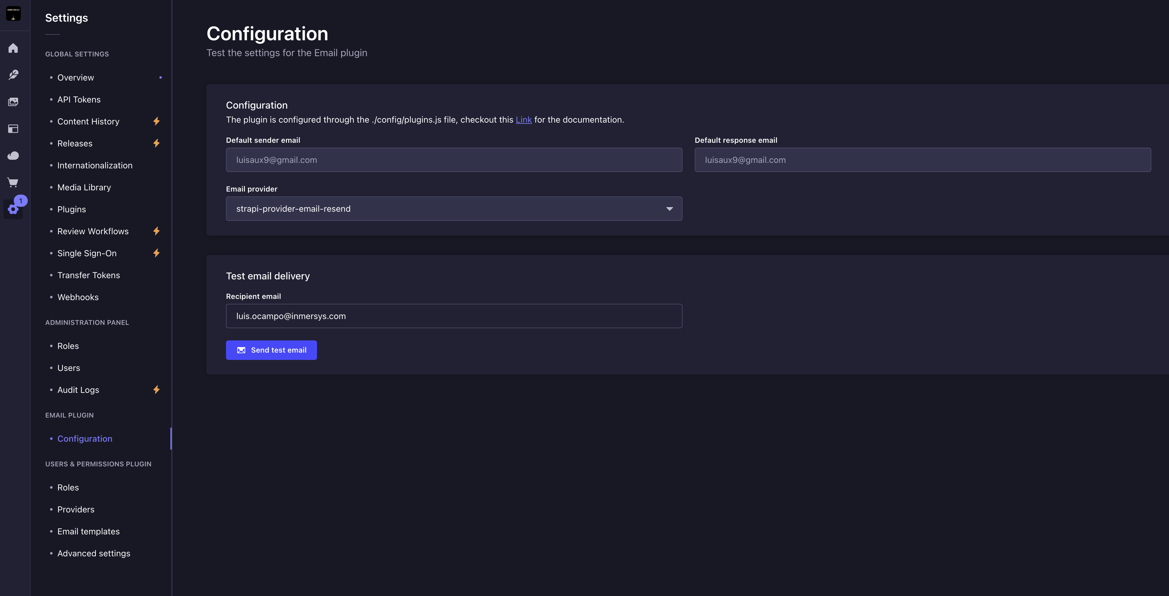 Panel de configuración